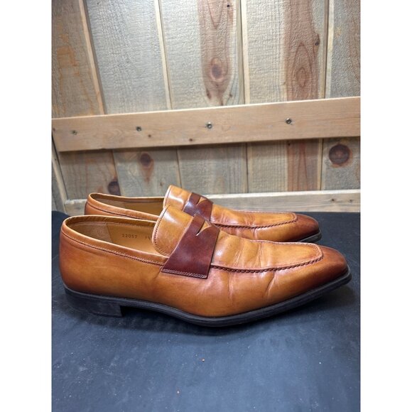 Magnanni For Saks Fifth Avenue Mens Mid-Brown Tan Leather Loafers Size 9.5 - Picture 1 of 12